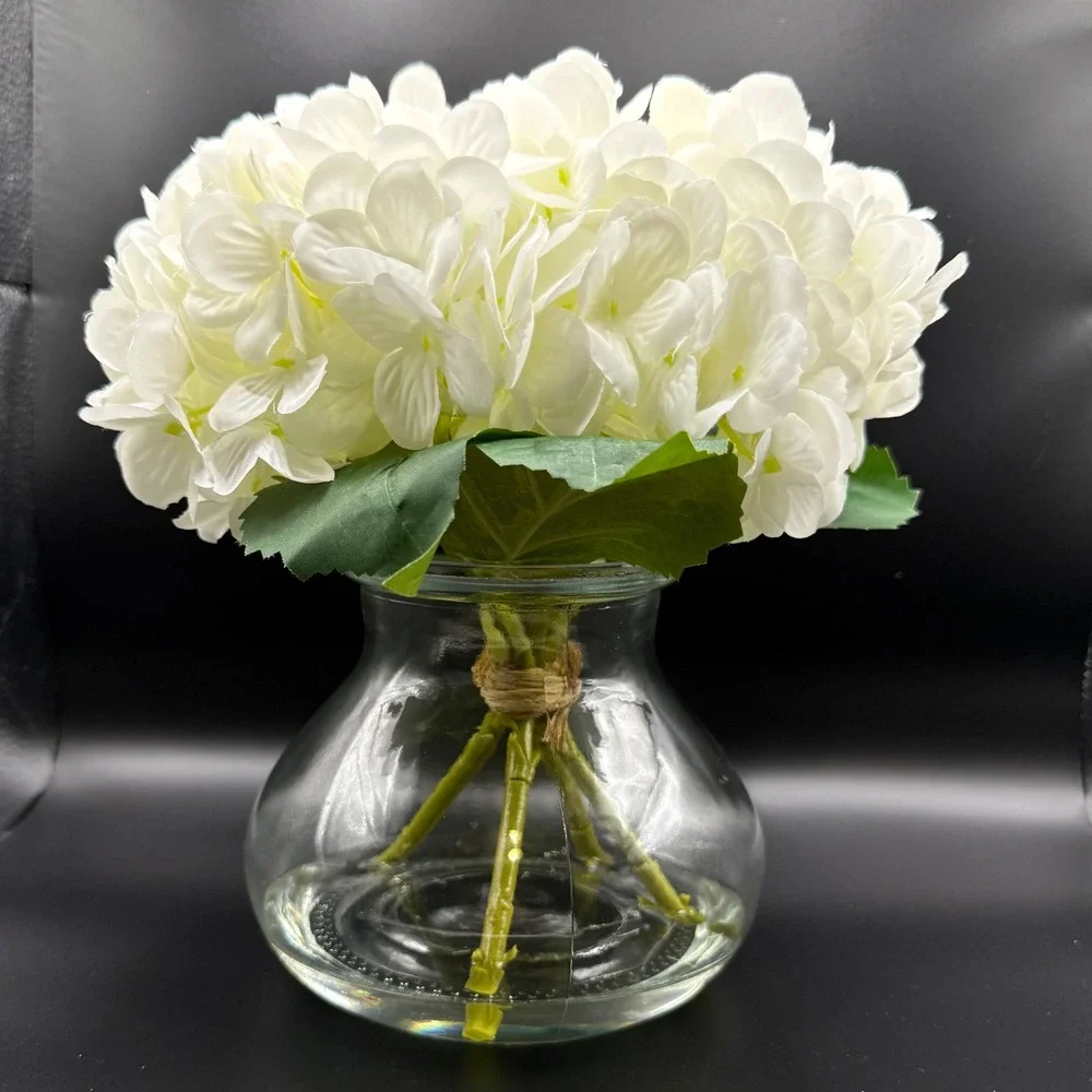 Faux Hydrangea Arrangement Home White Glass Vase Twine New